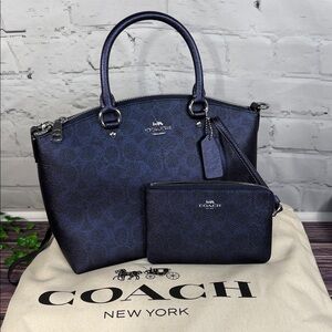 NWT COACH Navy Dark Blue logo print Sadie Satchel, Wristlet, Dust bag BUNDLE.